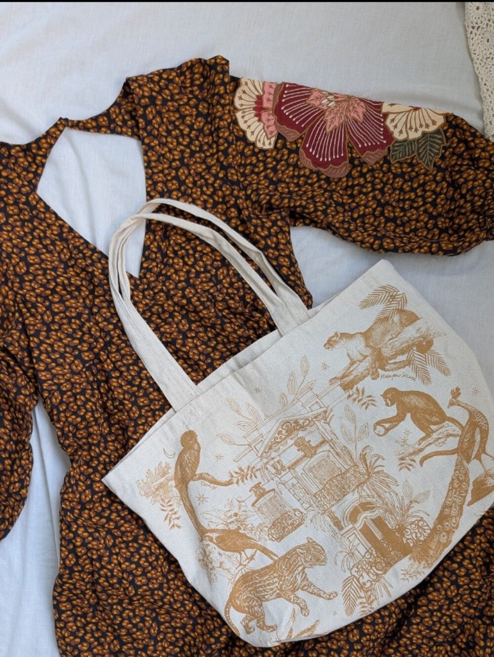 Sézane Paris Jungle Print Tote Bag with Brown Wildlife Print